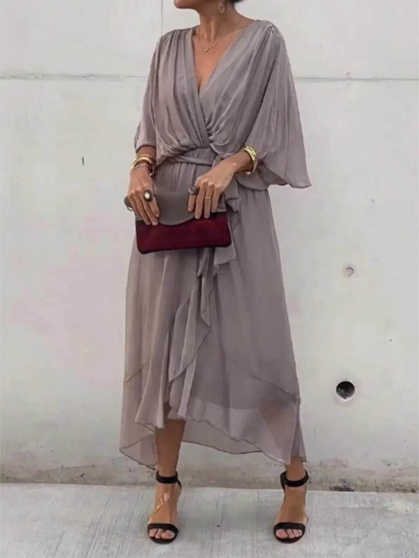 Full Size Flowy Tie Front Midi Dress with Flutter Sleeves Plus Size - Store 42
