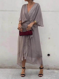 Full Size Flowy Tie Front Midi Dress with Flutter Sleeves Plus Size - Store 42