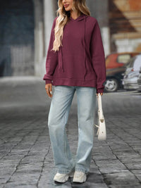 Slightly Stretchy Textured Drawstring Long Sleeve Hoodie with Pocket - Trendy Casual Wear - Store 42