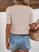 Lace Sleeve V-Neck Waffle Knit Top with Stretchy Fit - Perfect for Casual Outings - Store 42