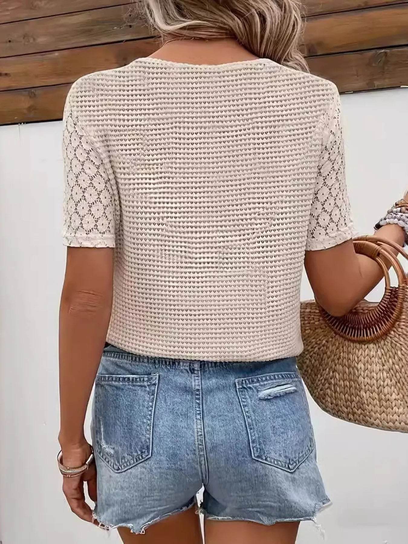 Lace Sleeve V-Neck Waffle Knit Top with Stretchy Fit - Perfect for Casual Outings - Store 42