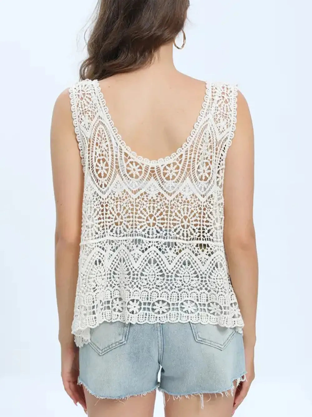 Cutout Sleeveless Cover Up with Round Neck Design - 100% Cotton, Slightly Stretchy, One Size