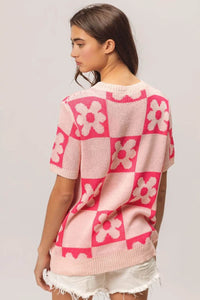 BiBi Floral Checker Pattern Short Sleeve Sweater - Versatile Style with Unique Design - Store 42
