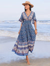 Ruched Printed Flounce Sleeve Midi Dress Light Blue