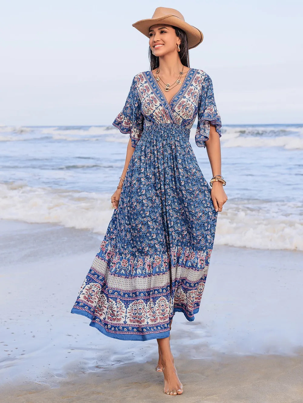 Trendsi Ruched Printed Midi Dress with Flounce Sleeves - Opaque 100% Viscose
