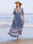 Ruched Printed Flounce Sleeve Midi Dress Light Blue
