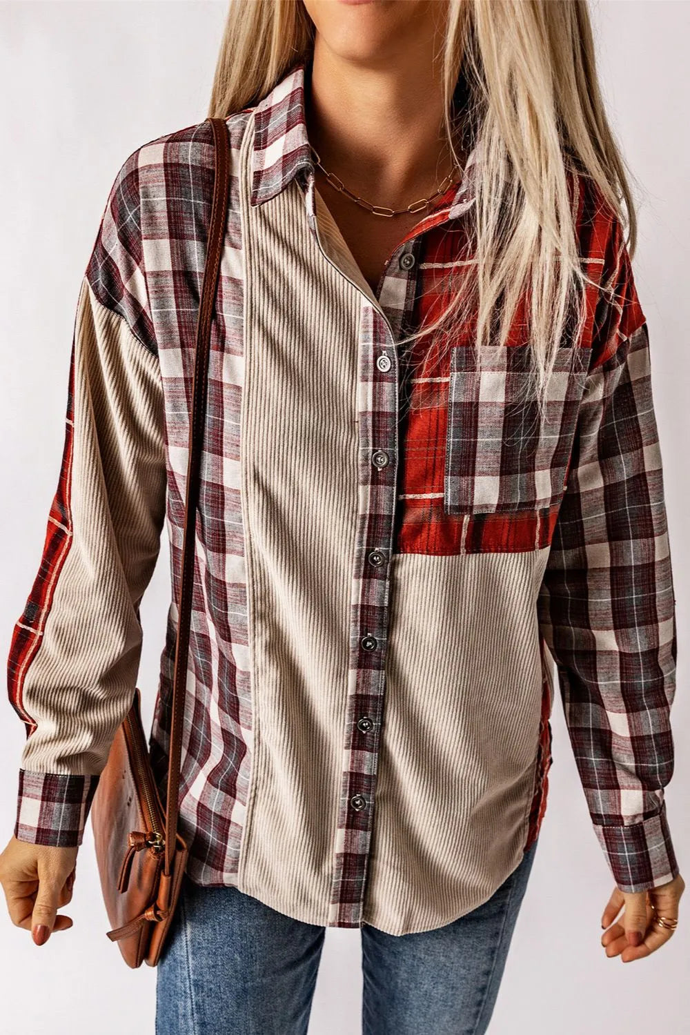 Stylish Plaid Patchwork Collared Neck Shacket with Pockets - 100% Cotton, Casual Layering