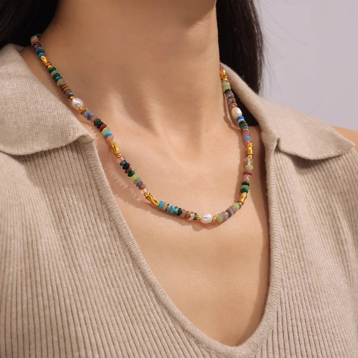 Bohemian 2-Piece Jewelry Set with Natural Stone and Freshwater Pearls - Unique Artisan Design