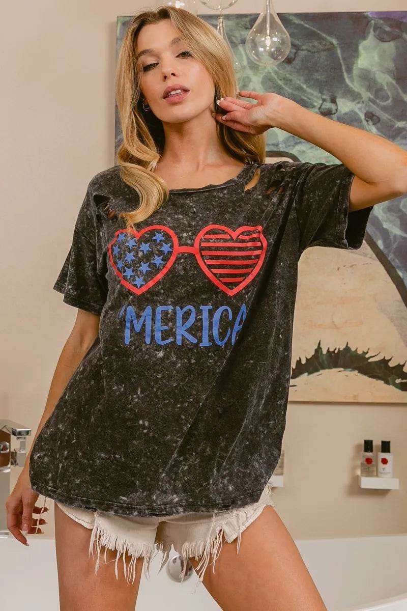 BiBi 4th Of July Theme Mineral Washed Laser Cut Top - Store 42