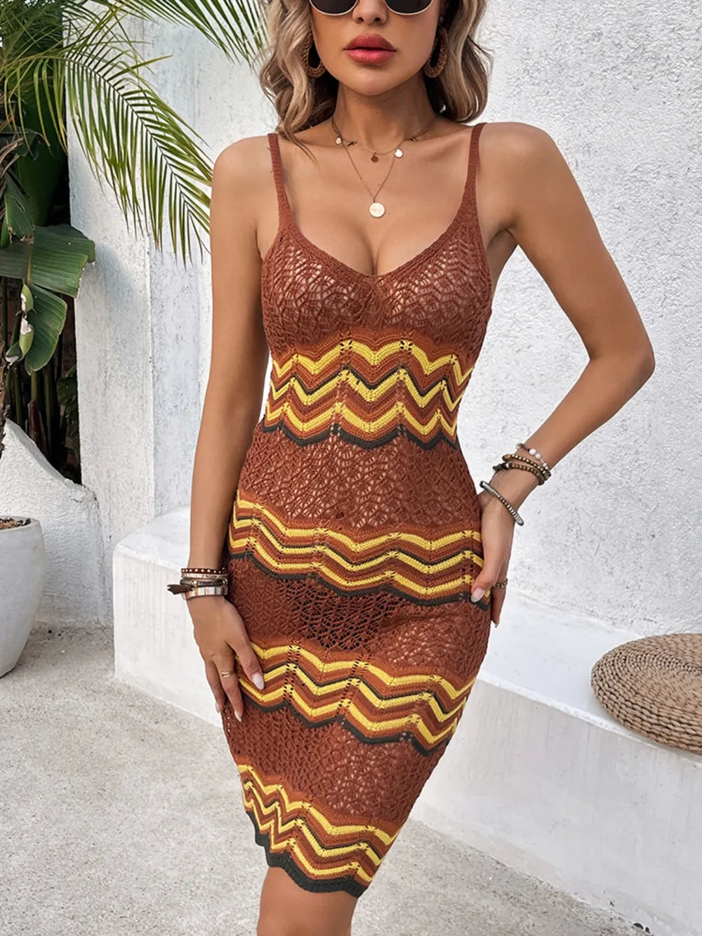 Trendy Openwork Scoop Neck Sweater Dress for Women - Stretchy 100% Viscose Knit Design