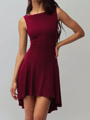 High-Low Round Neck Sleeveless Dress Burgundy
