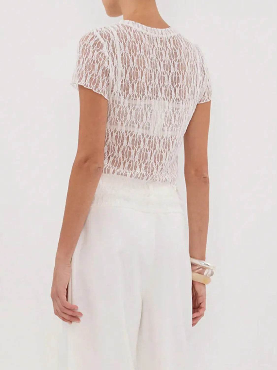 Sheer Lace Short Sleeve Top with Round Neck - Slightly Stretchy & Stylish