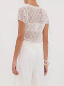 Sheer Lace Short Sleeve Top with Round Neck - Slightly Stretchy & Stylish - Store 42