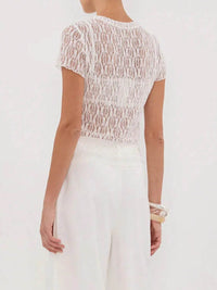 Sheer Lace Short Sleeve Top with Round Neck - Slightly Stretchy & Stylish - Store 42