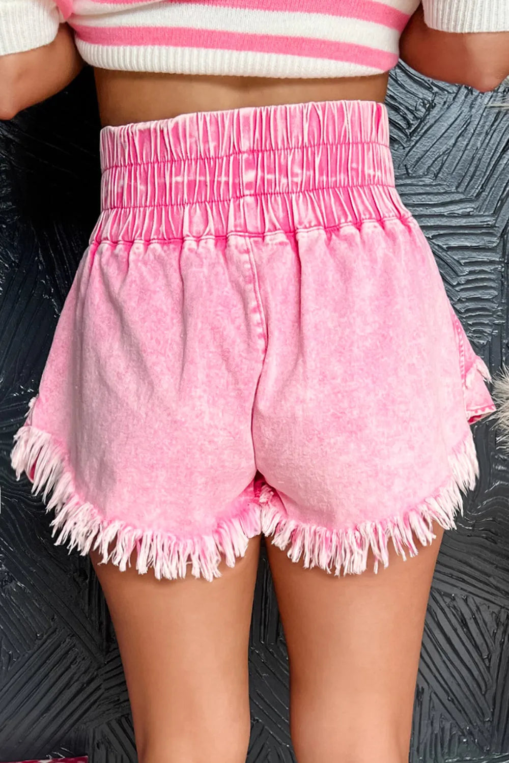 Frayed Hem Washed Denim Shorts with Wide Smocked Waistband - Summer Essential