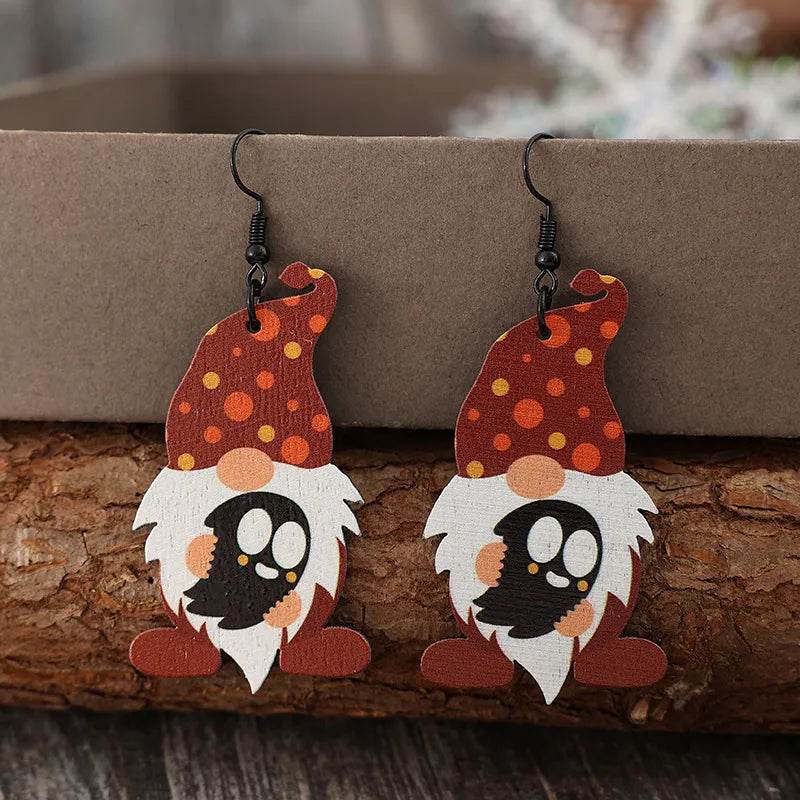 Handcrafted Wooden Gnome Dangle Earrings, 2.9 In - Unique Alloy and Wood Jewelry