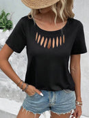 Trendsi Cutout Neckline Short Sleeve T-Shirt - Comfortable Stretchy Fit with Chic Style - Store 42
