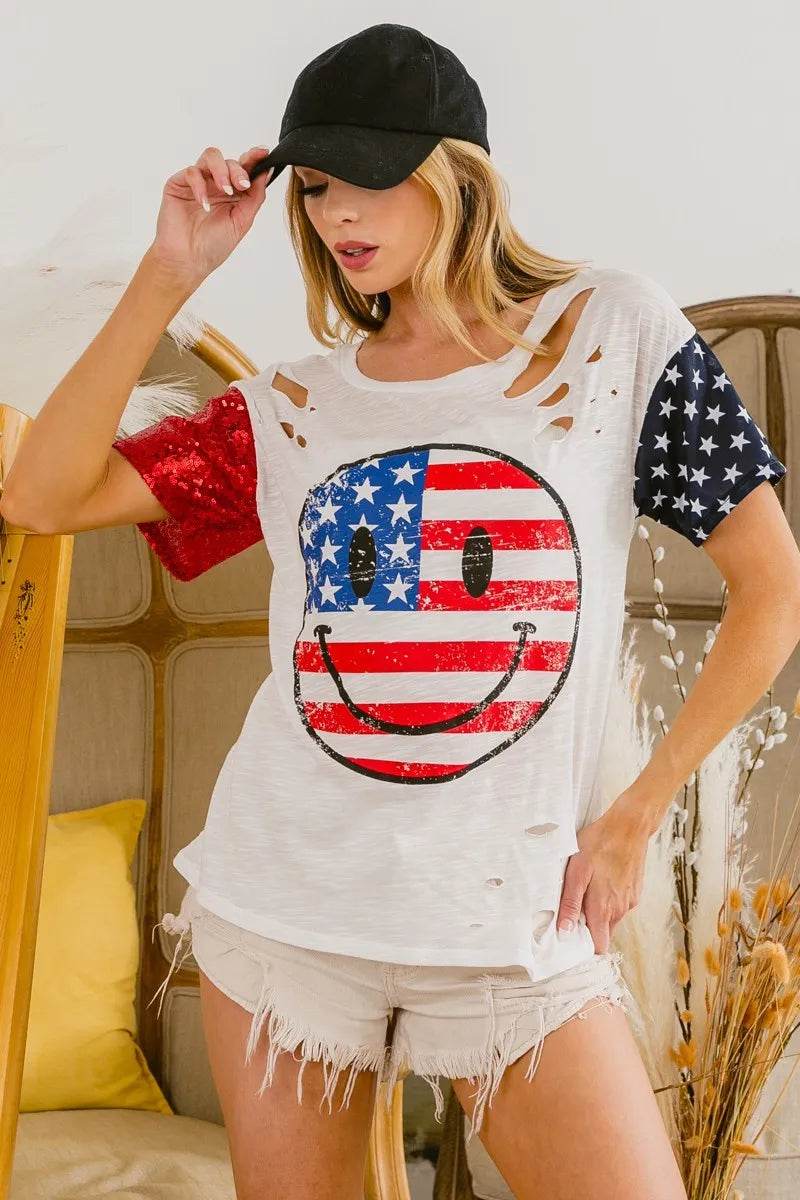 BiBi Fourth Of July Top With Laser Cut And Smile Face