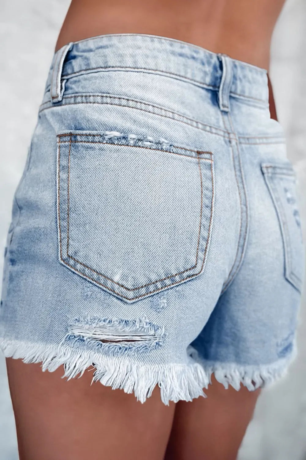 High Waist Distressed Denim Shorts With Raw Hem - Trendy Women's Fashion