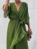 Full Size Flowy Tie Front Midi Dress with Flutter Sleeves Plus Size - Store 42