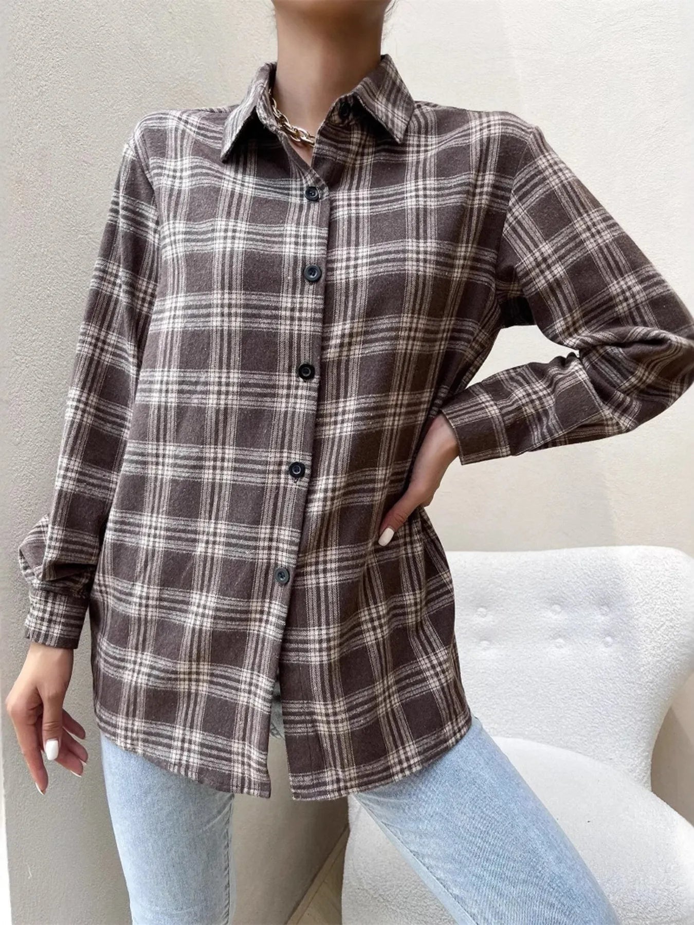 Oversized Plaid Button-Up Shirt