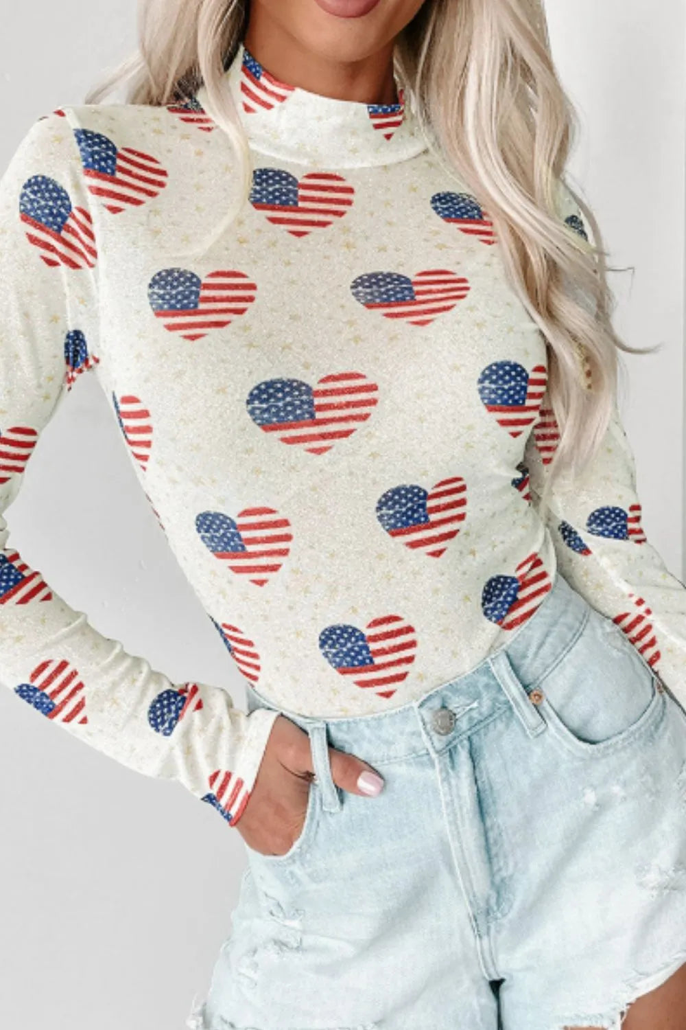 US Flag Heart Mock Neck Long Sleeve Sheer Bodysuit - Stretchy and Stylish Women’s Top