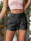 Pleated Detail High Rise Denim Shorts Dark