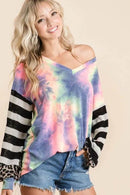 BiBi Tie Dye V Neck Top With Stripe Puff Sleeves - Trendy Colorful Casual Wear - Store 42