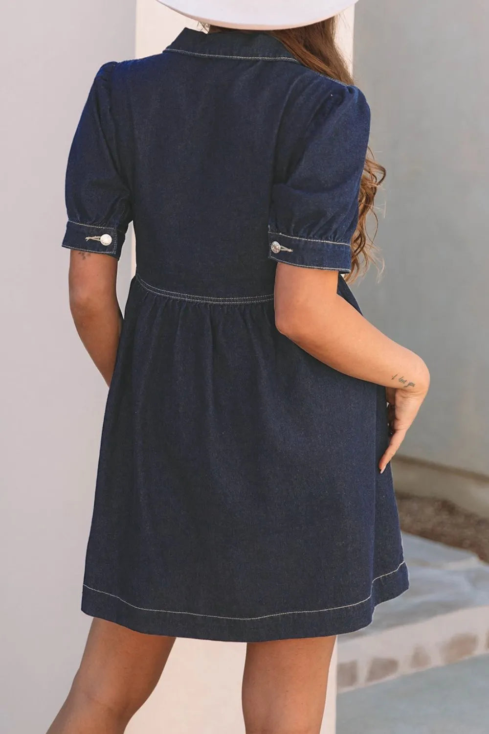 Collared Neck Half Zip Denim Dress