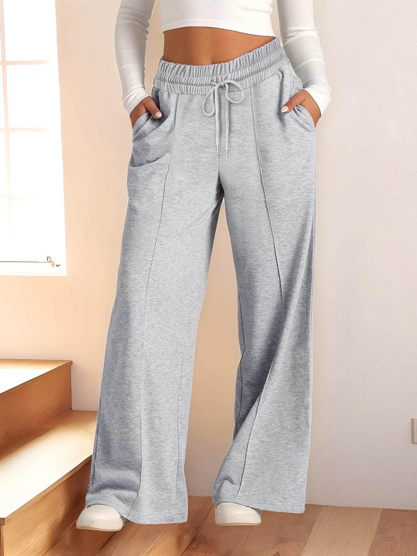 Full Size Drawstring Relaxed Fit Wide Leg Pants Plus Size - Store 42