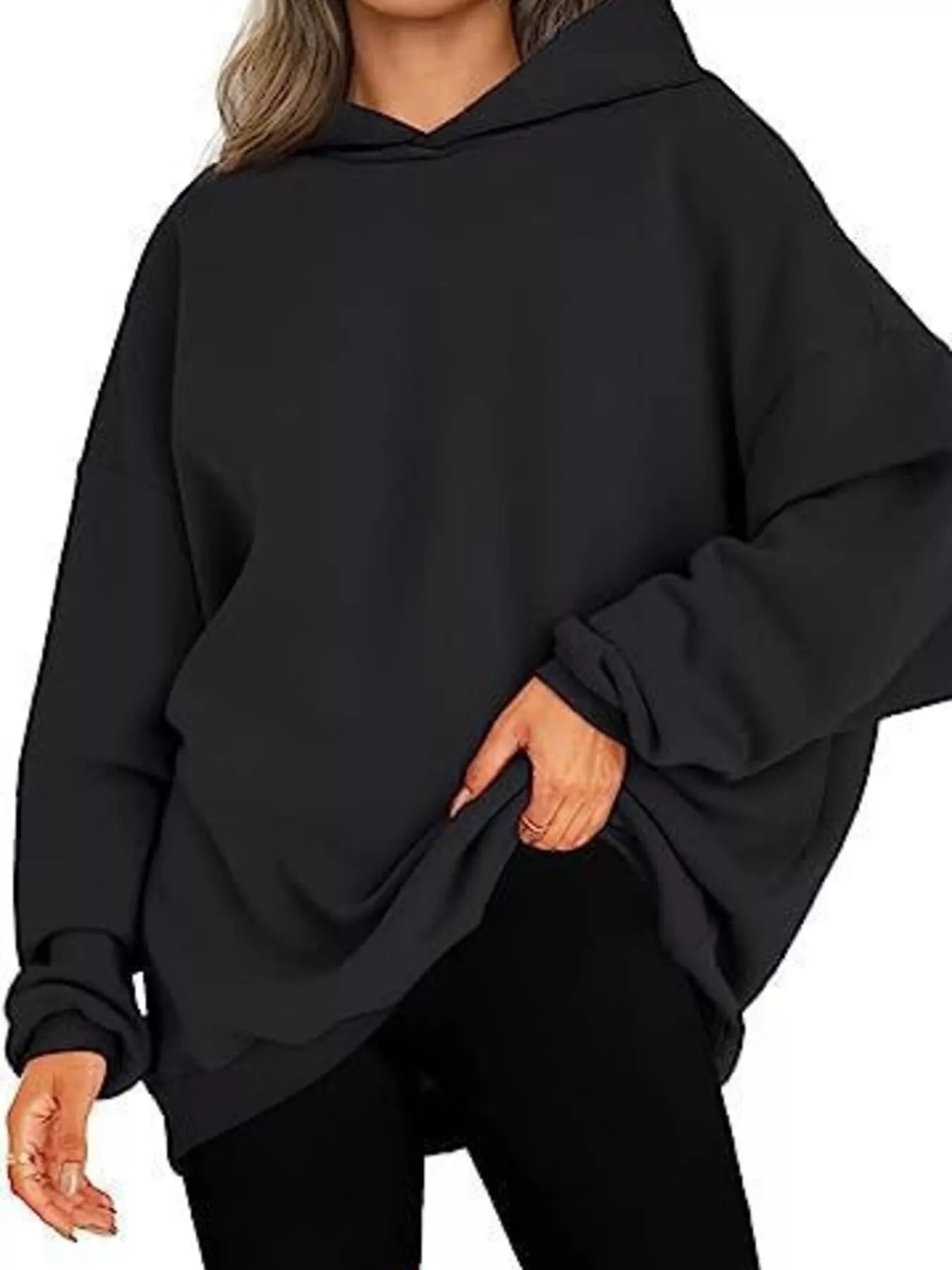 Oversized Drop Shoulder Long Sleeve Hoodie - Slightly Stretchy, Soft Polyester Blend