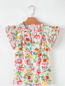 Multicolour Floral Printed Cap Sleeve Split Neck Blouse