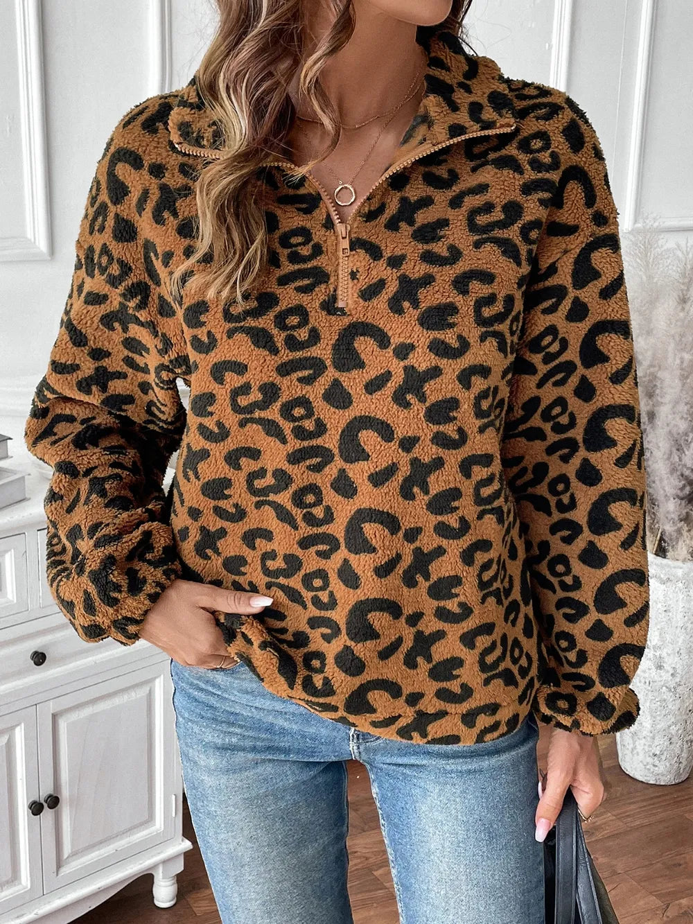 Trendy Leopard Print Half Zip Long Sleeve Sweatshirt - Comfortable & Stretchy Style