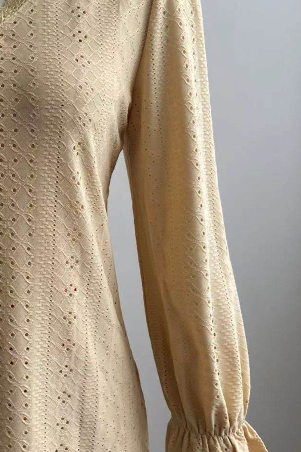 Trendy Eyelet V-Neck Blouse with Flounce Sleeves - Opaque, Highly Stretchy, Lined - 100% Polyester - Store 42