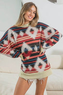 BiBi Aztec Print Mock Neck Long Sleeve Top - Oversized, Soft Cotton Blend, Tribal Chic - Store 42