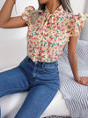 Floral Printed Tie Neck Blouse with Flutter Cap Sleeves - Casual Opaque Top - Store 42