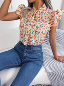Floral Printed Tie Neck Blouse with Flutter Cap Sleeves - Casual Opaque Top - Store 42