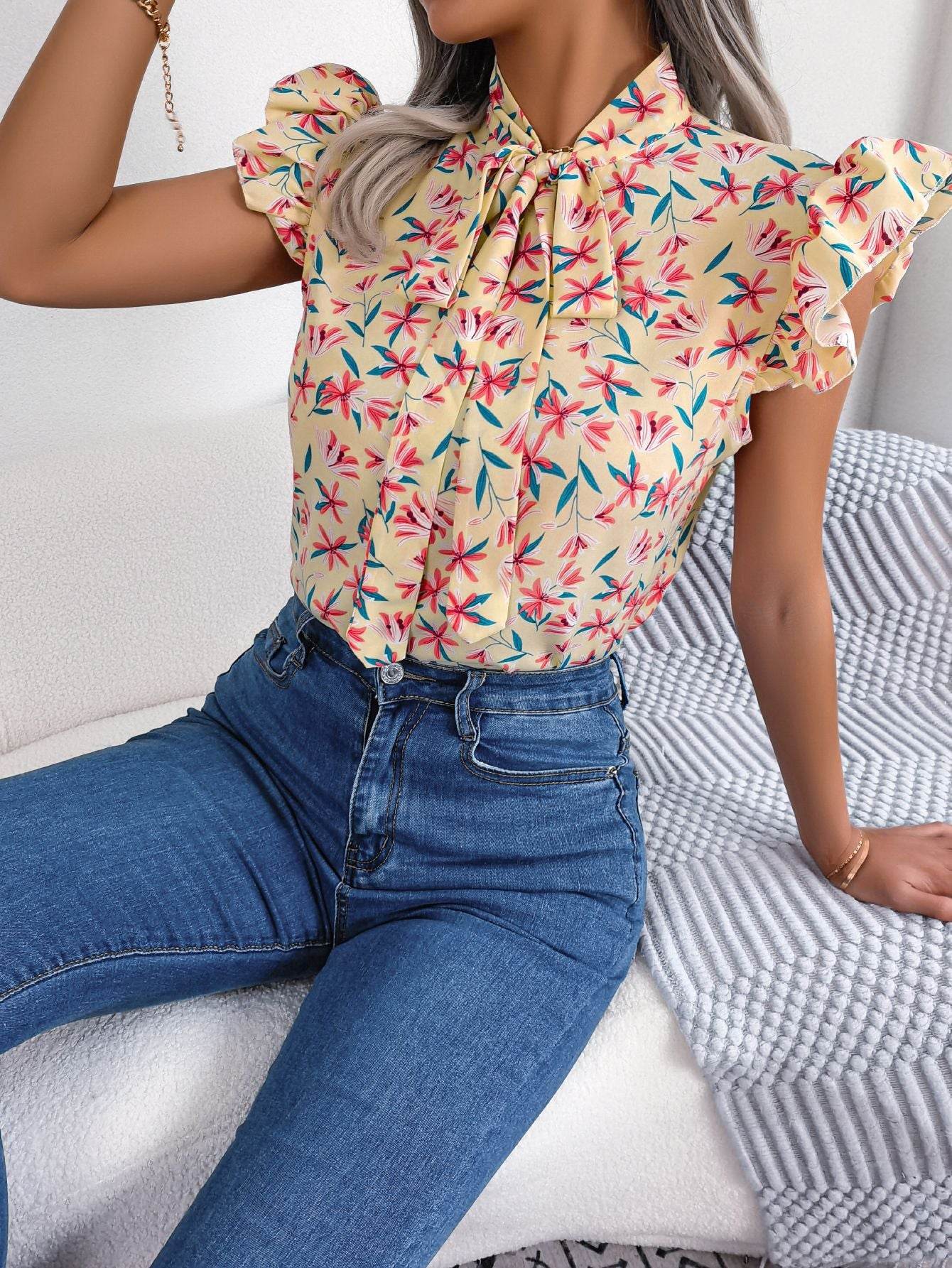 Floral Printed Tie Neck Blouse with Flutter Cap Sleeves - Casual Opaque Top