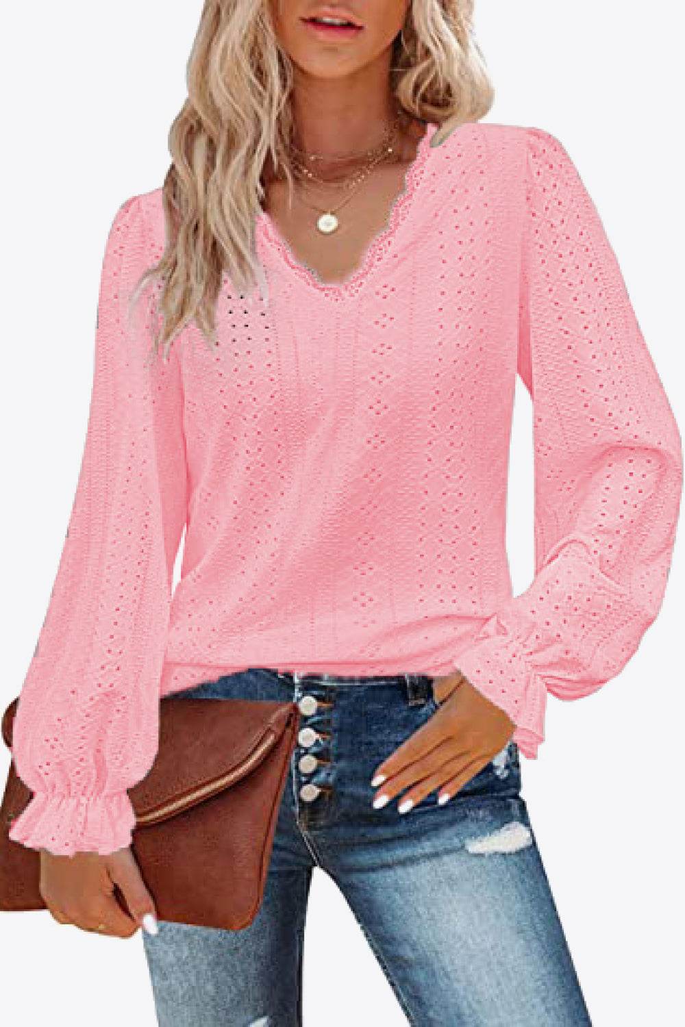 Trendy Eyelet V-Neck Blouse with Flounce Sleeves - Opaque, Highly Stretchy, Lined - 100% Polyester - Store 42
