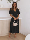Tiered Surplice Half Sleeve Midi Dress Black