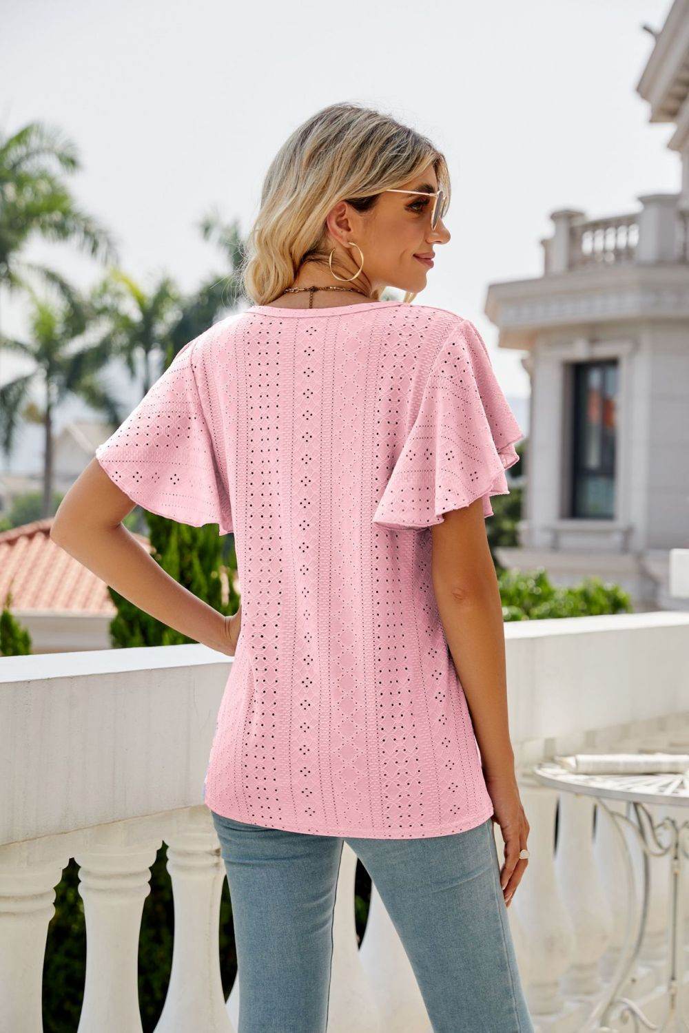 Trendsi Eyelet Flutter Sleeve Semi-Sheer Round Neck Casual Top - 100% Polyester - Store 42