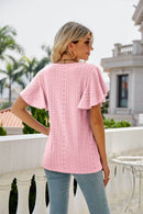 Trendsi Eyelet Flutter Sleeve Semi-Sheer Round Neck Casual Top - 100% Polyester - Store 42