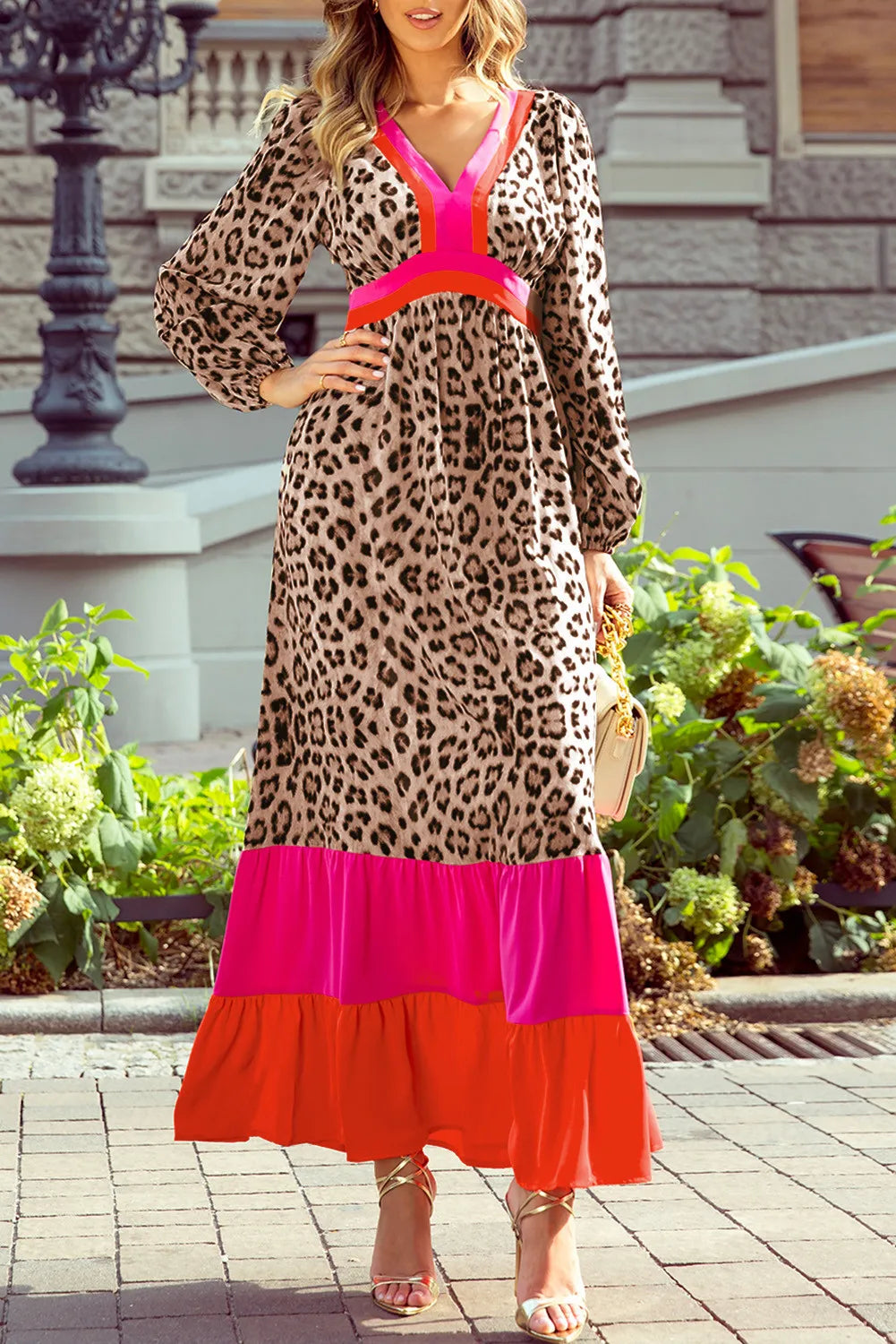 Leopard Print V-Neck Long Sleeve Maxi Dress for Effortless Style - 100% Polyester