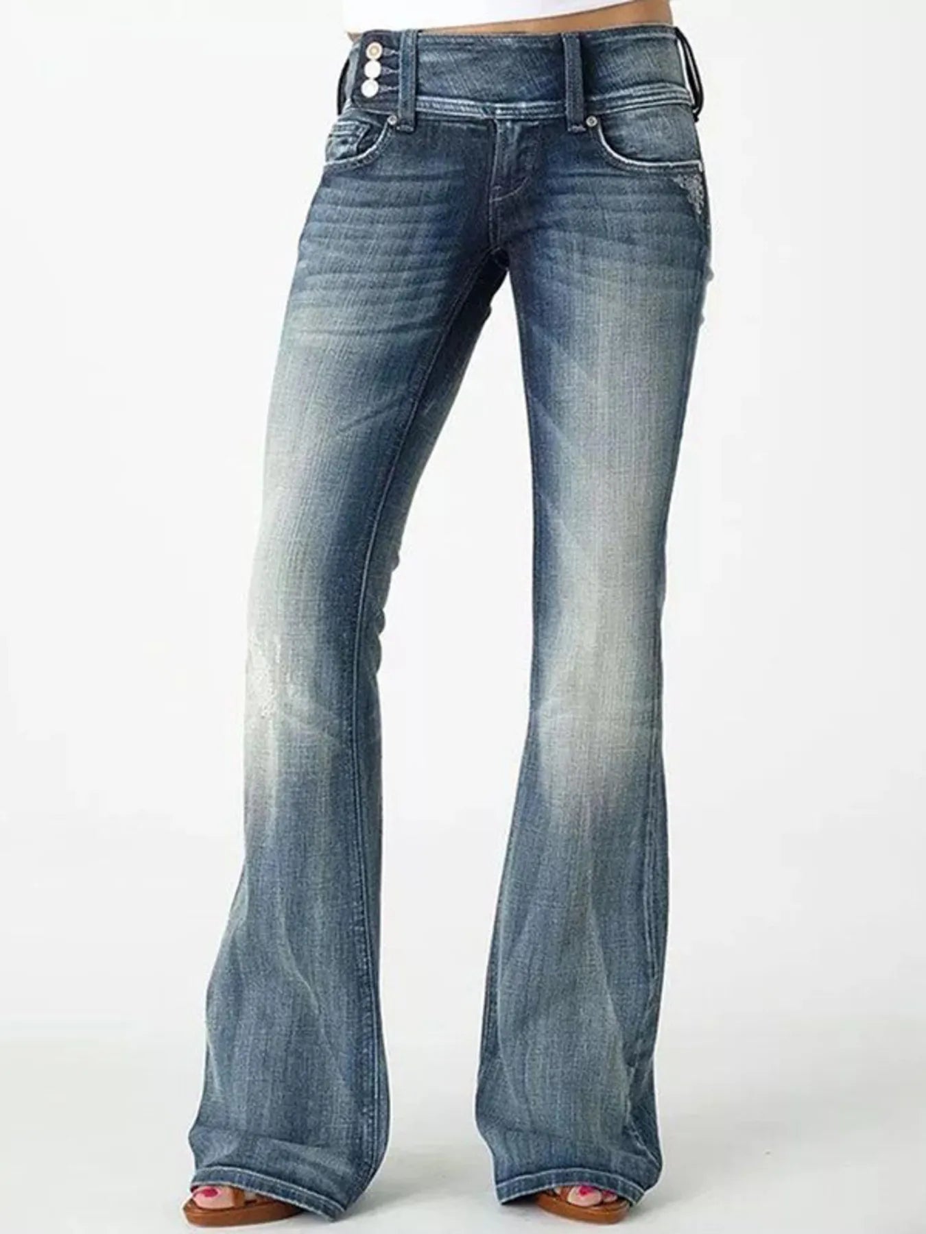Plus Size Vintage Wash Flare Jeans with Pockets - Slightly Stretchy Denim
