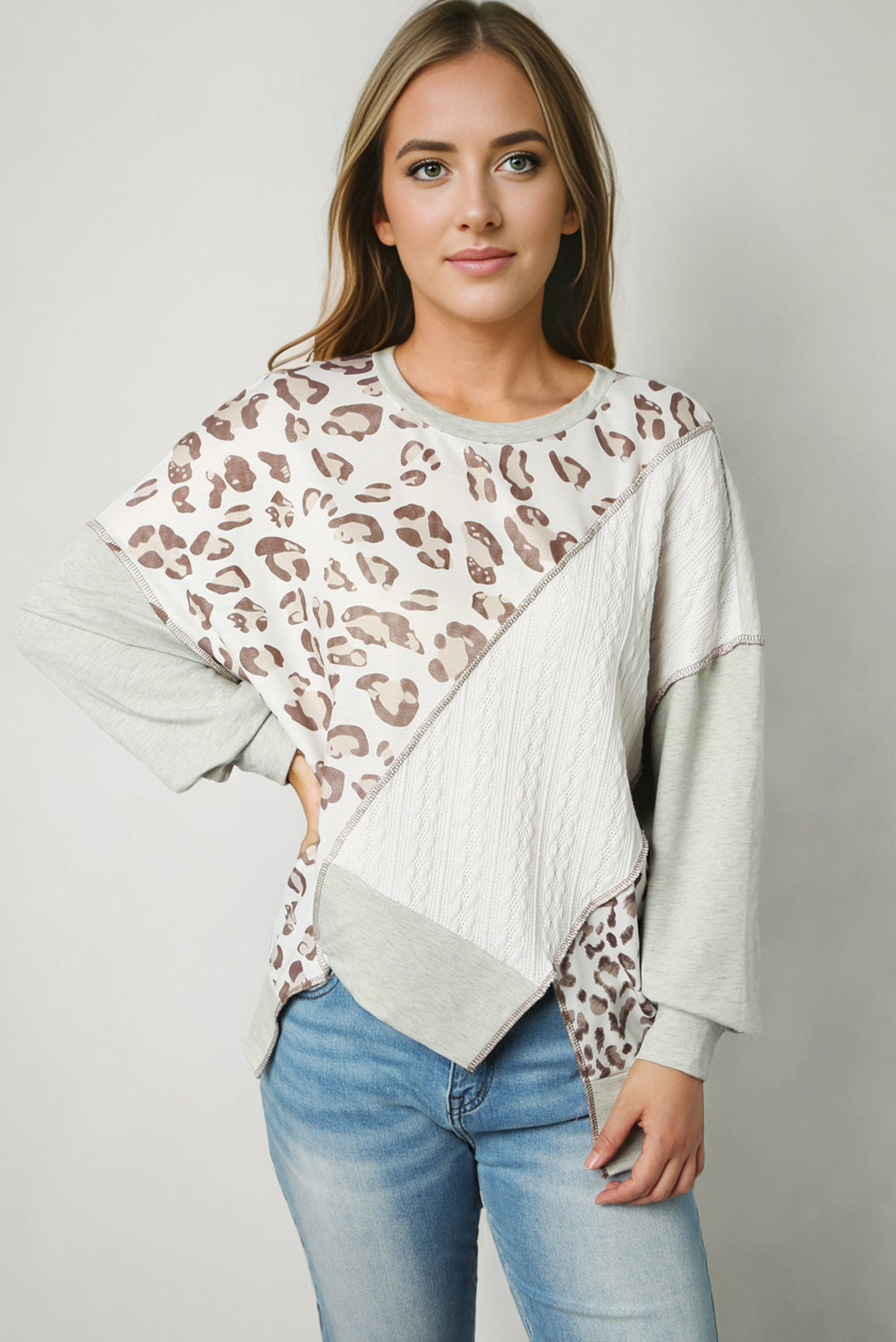 Trendsi Leopard Exposed Seams Sweatshirt - Round Neck, Slightly Stretchy, Casual Style