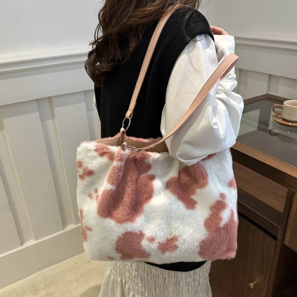Large Cow Print Furry Tote Bag - Stylish Faux Fur, PU Leather, and Polyester Material - Store 42