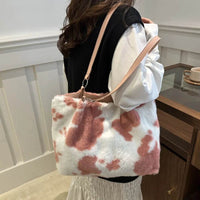 Large Cow Print Furry Tote Bag - Stylish Faux Fur, PU Leather, and Polyester Material - Store 42