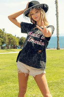 Trendy Laser Cut Mineral Washed Top with America Print - 100% Cotton Patriotic Style - Store 42