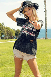 Trendy Laser Cut Mineral Washed Top with America Print - 100% Cotton Patriotic Style - Store 42