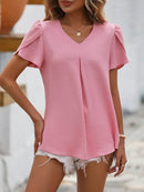 Mandy Ruched V-Neck Petal Sleeve Top - Casual Solid 100% Polyester Short Sleeves - Store 42